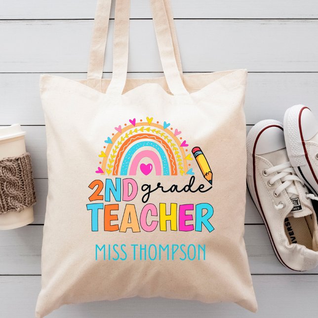 Modern 2nd Grade Rainbow Teacher  Personalised   Tote Bag (Creator Uploaded)