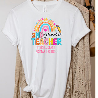 Modern 2nd Grade Rainbow Teacher School Name T-Shirt