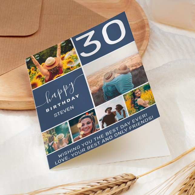 Modern 30 birthday navy blue 6 photo collage card (Creator Uploaded)