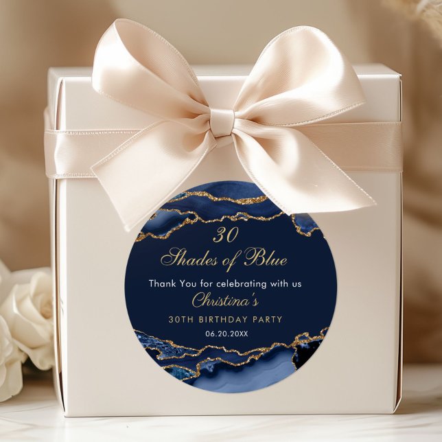 Modern 30 Shades of Blue Birthday Party  Classic Round Sticker (30 Shades of Blue Birthday Party Invitation)