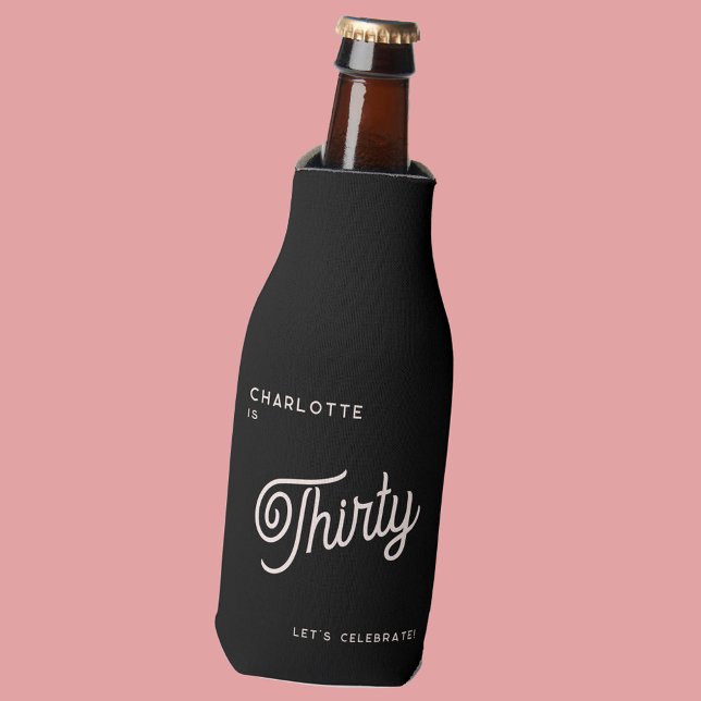 Modern 30 Thirty Birthday Black Pink Bottle Cooler (Thirty 30th birthday personalized bottle cooler sleeve)