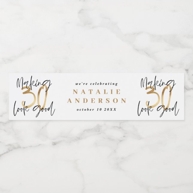 Modern 30th birthday black gold typography water  bottle label (Single Label)