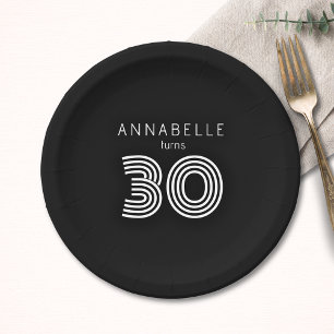 Modern 30th birthday black paper plate