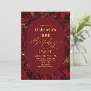 Modern 30th Birthday Elegant Burgundy Floral Invitation