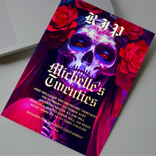 Modern 30th Birthday Halloween Red Rose Lady Skull (Modern 30th Birthday Halloween Red Rose Lady Skull)