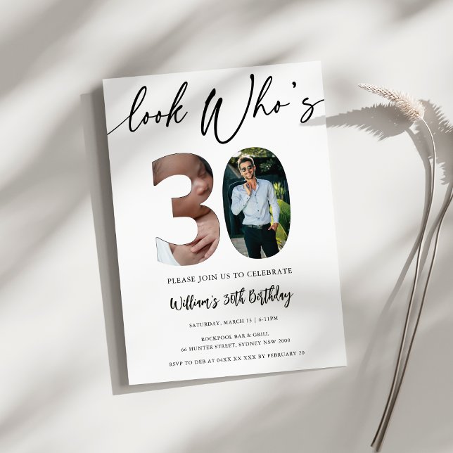 Modern 30th Birthday – Look Who’s 30! Two-Photo Invitation (Look Who’s 30! Modern 30th Birthday invitation for Him – 2 Photo Custom Party invitation)