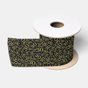 Modern 30th Birthday Number Pattern Black/Gold Satin Ribbon
