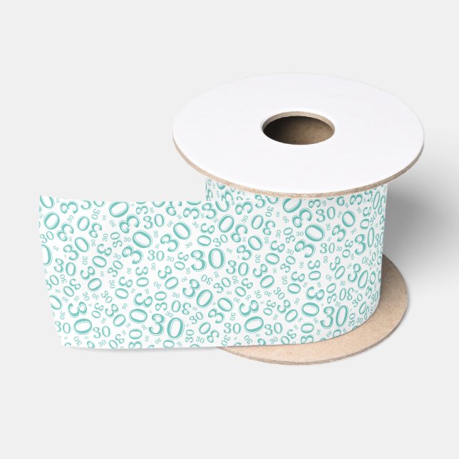 Modern 30th Birthday Number Pattern Teal/White  Satin Ribbon (Spool)