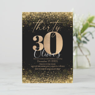 Modern 30th Birthday Party Black Gold Glitter Invitation