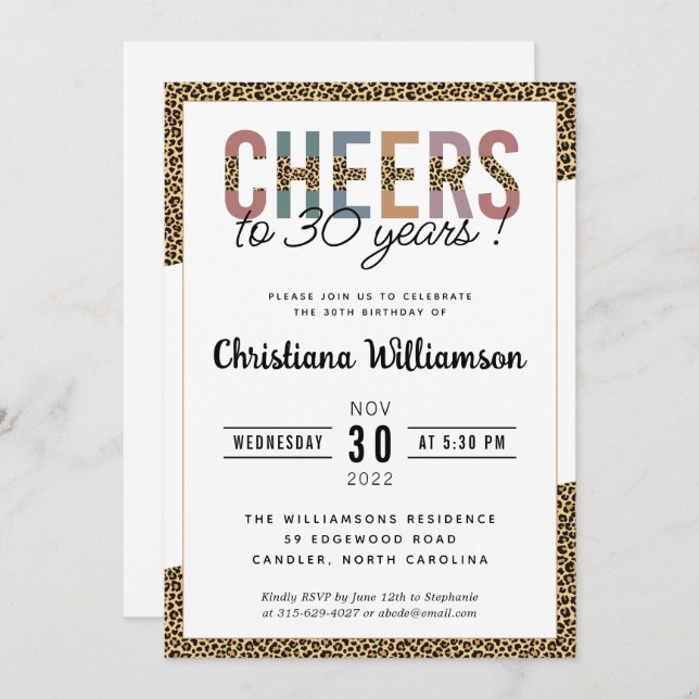 Modern 30th Birthday Party Leopard Print Elegant Invitation (Front/Back)
