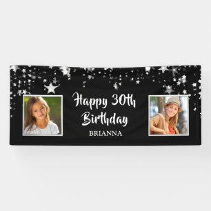 Modern 30th Birthday Photo Black Gold Stars Banner