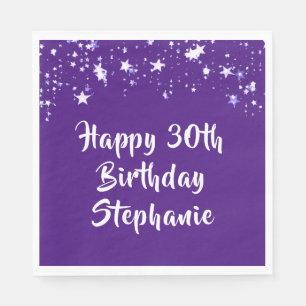 Modern 30th Birthday Purple Brush Script Stars Napkin