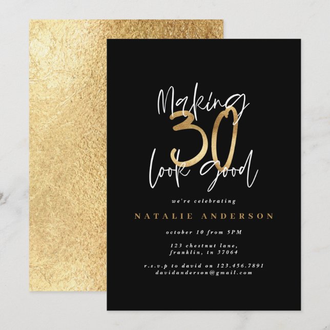 Modern 30th birthday typography black and gold (Front/Back)