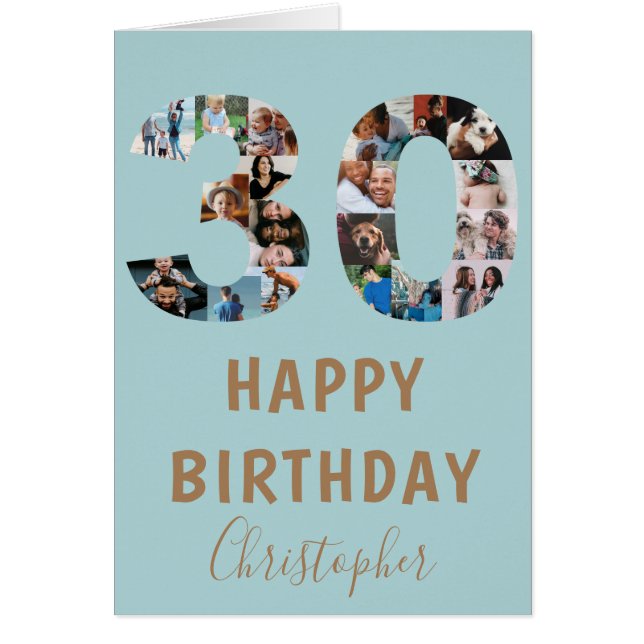 Modern 30th Happy Birthday Photo Collage Blue (Front)