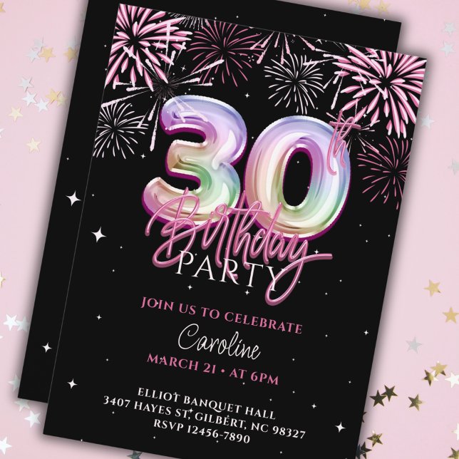 Modern 30th Pink Foil Balloon Fireworks Birthday Invitation (Creator Uploaded)