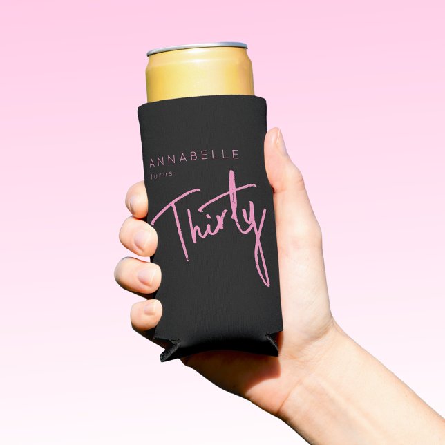 Modern 30th Thirty Thirtieth birthday black pink Seltzer Can Cooler (Creator Uploaded)