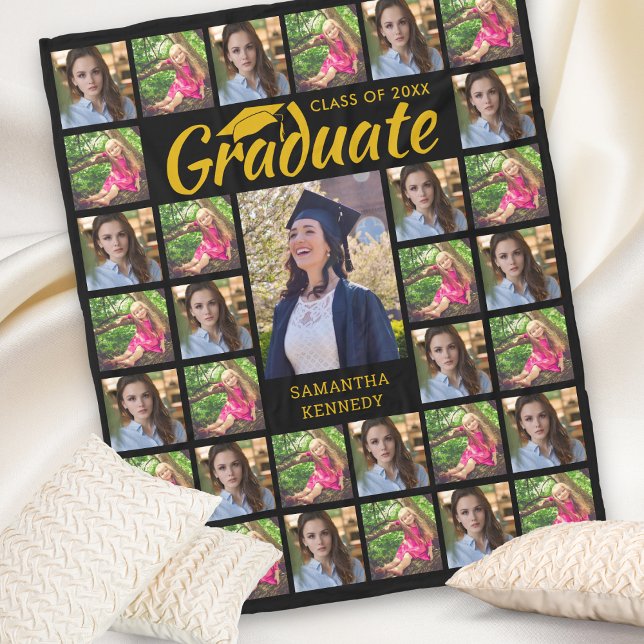 Modern 33 Photo Collage Graduate Black And Gold Fleece Blanket (Creator Uploaded)
