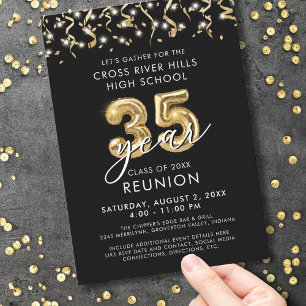 Modern 35 Year Class Reunion Black Gold Streamers Invitation