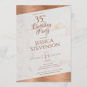 Modern 35th Birthday Marble Copper Oblique Script Invitation