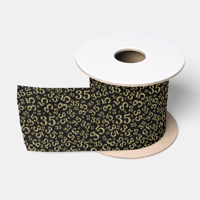 Modern 35th Birthday Number Pattern Black/Gold  Satin Ribbon (Spool)