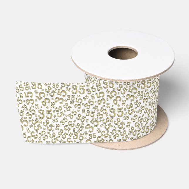 Modern 35th Birthday Number Pattern Gold/White  Satin Ribbon (Spool)