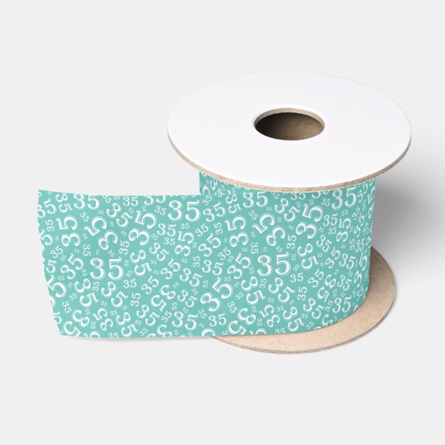 Modern 35th Birthday Number Pattern Teal /White  Satin Ribbon (Spool)