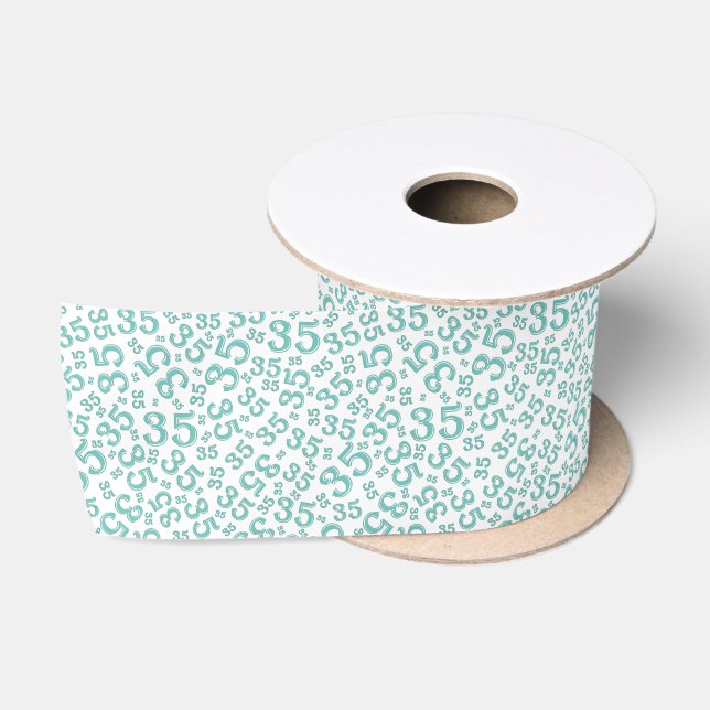 Modern 35th Birthday Number Pattern Teal/White  Satin Ribbon (Spool)