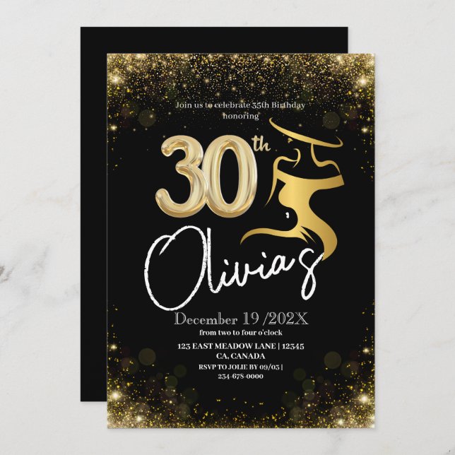 Modern 35th Birthday Party Black Gold Dress Shine  Invitation (Front/Back)