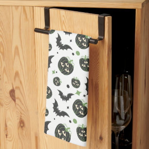Modern 3-Eyed Pumpkin and Bats Halloween Tea Towel