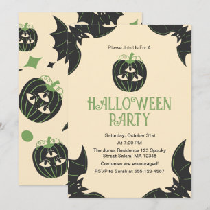 Modern 3-Eyed Pumpkin & Bats Halloween Party Invitation