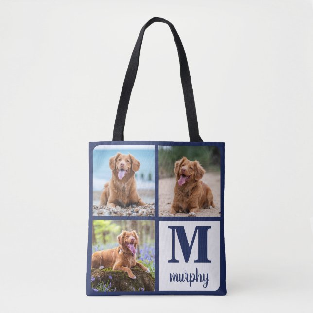 Modern 3 Pet Photo Monogram Dog Lover Tote Bag (Front)