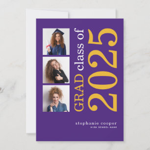 Modern 3 photo 2025 Purple Yellow Graduation  Announcement