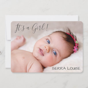 Modern 3 Photo Baby Girl Hand Lettered Font Birth Announcement