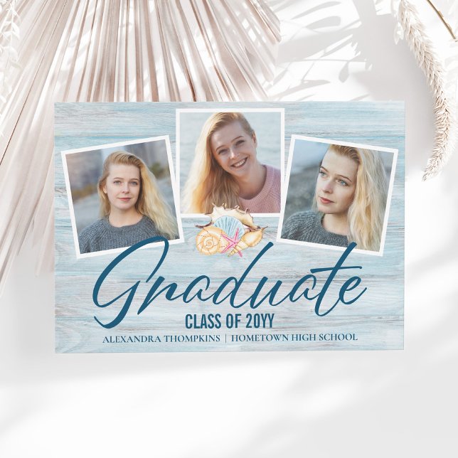 Modern 3 Photo Beach Theme Graduation Announcement (Creator Uploaded)