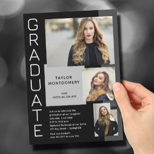 Modern 3 Photo Black Graduation Invitation