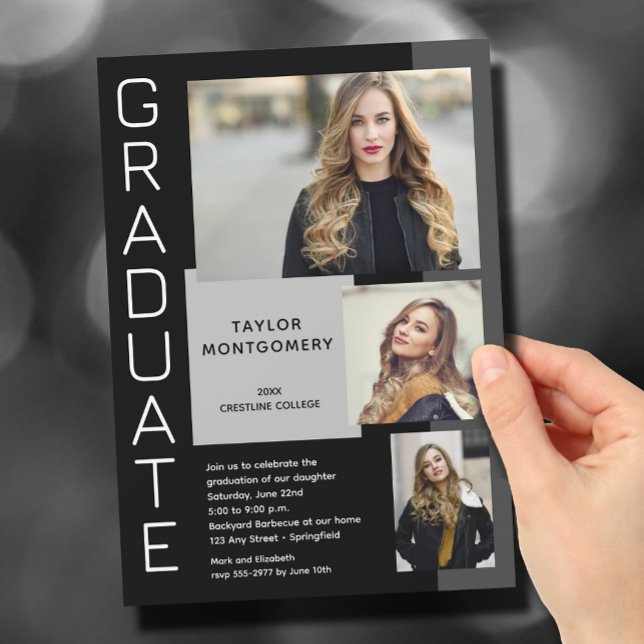 Modern 3 Photo Black Graduation Invitation (Creator Uploaded)