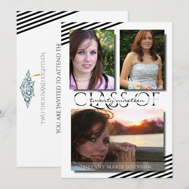 Modern 3 Photo  Black Stripes Graduation Party Invitation (Front/Back)