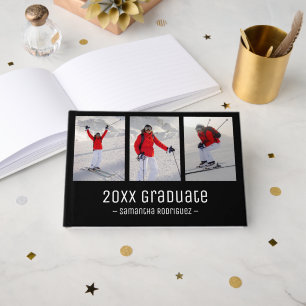 Modern 3 Photo Black White Pattern Graduation Guest Book