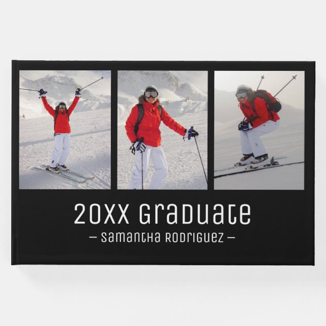 Modern 3 Photo Black White Pattern Graduation Guest Book (Front)