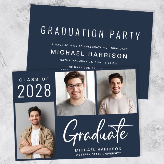 Modern 3 Photo Blue Graduation Party Invitation (A modern photo collage graduation party invitation to celebrate the graduate's achievements)