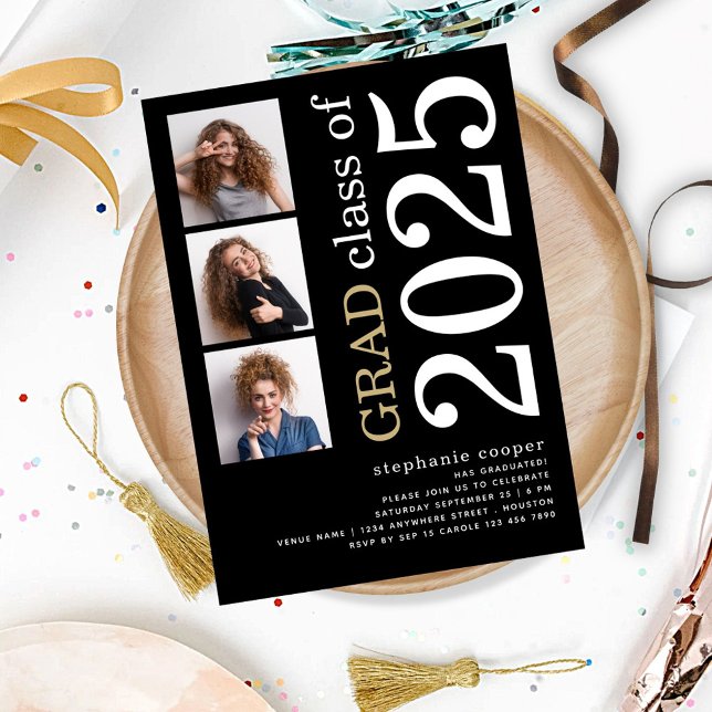 Modern 3 photo Bold 2025 Black Graduation Invitation (front view)