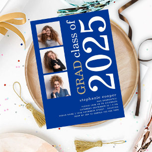 Modern 3 photo Bold 2025 Blue Graduation Invitation
