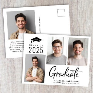 Modern 3 Photo Bold Script Graduation Announcement Postcard