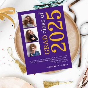Modern 3 photo Bold Text 2022 Purple Graduation Thank You Card