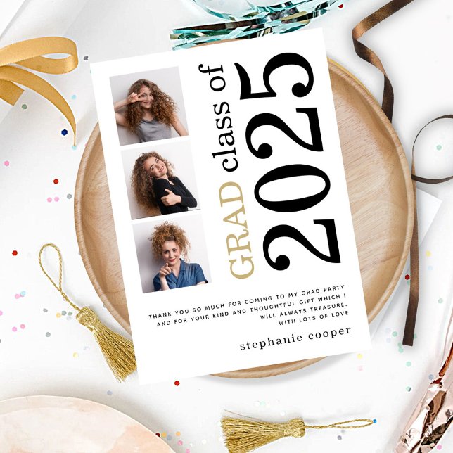 Modern 3 photo Bold Text 2023 White Graduation Thank You Card (Creator Uploaded)