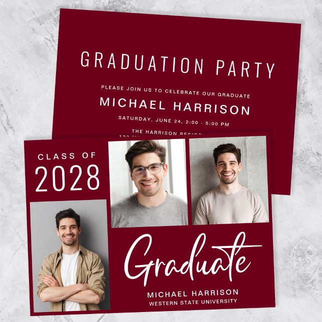 Modern 3 Photo Burgundy Graduation Party Invitation (A modern photo collage graduation party invitation to celebrate the graduate's achievements)