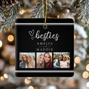 Modern 3 Photo Collage Besties Black and White  Ceramic Ornament
