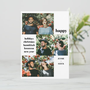 Modern 3 Photo Collage Black and White Christmas Holiday Card