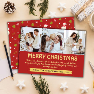 Modern 3-photo collage cute red Christmas  Holiday Card