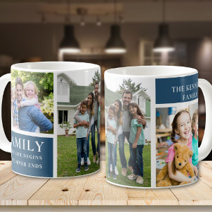 Modern 3 Photo Collage Family Love Quote Blue Coffee Mug
